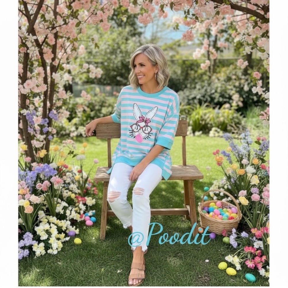Pink and blue bubble gum bunny oversized top S M L XL 2 XL